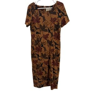 Vintage leaf print Brown Midi Dress 8 office neutral fall casual